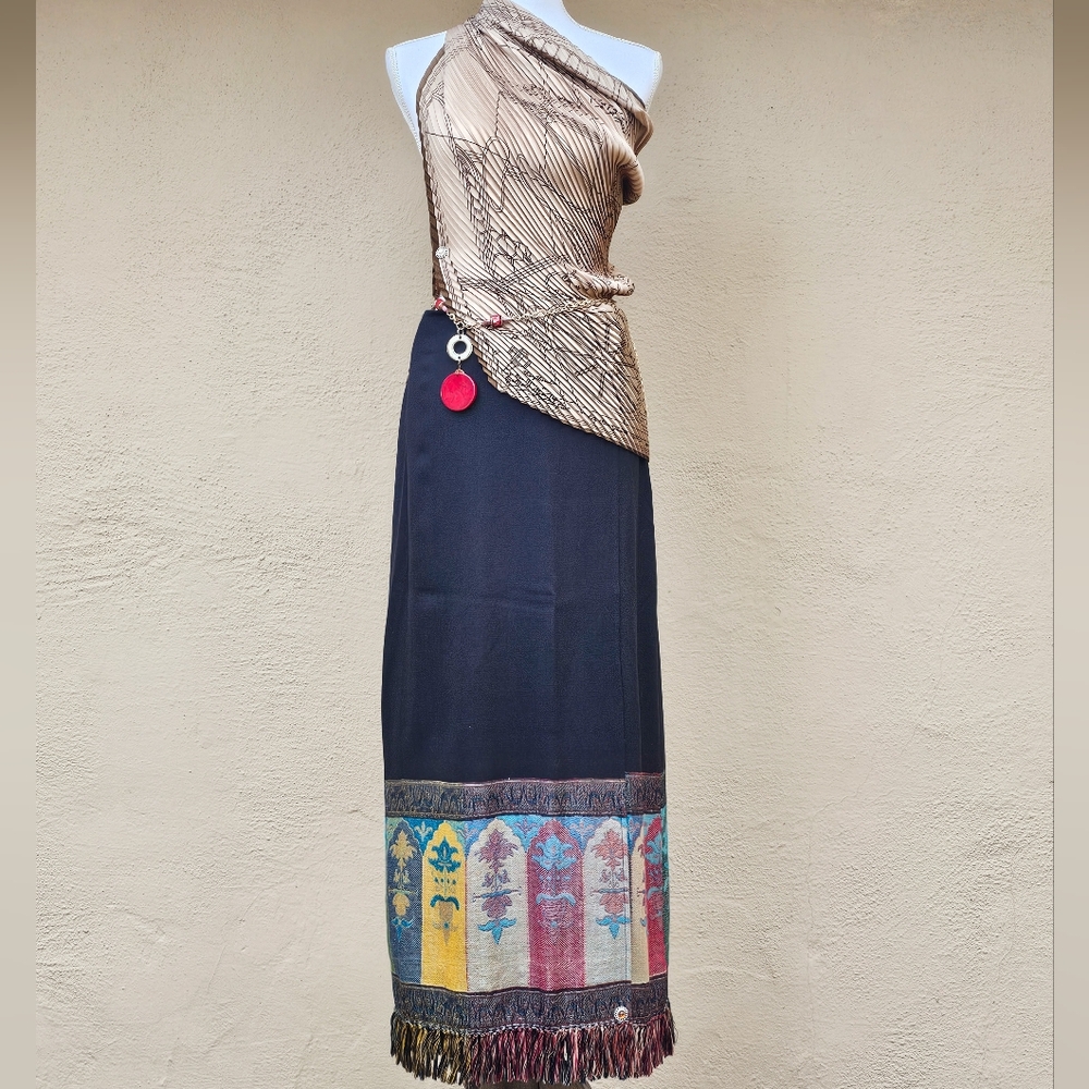 Dana Buchman 100% Wool Maxi Wrap Skirt W/ Fringe & Floral Pattern at Hem Sz 4